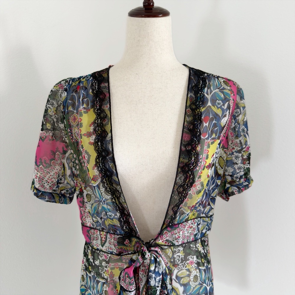 CAbi Top Womens Medium Patchwork Print Paisley Sheer Fairy Whimsical Dainty Lace - Picture 2 of 8
